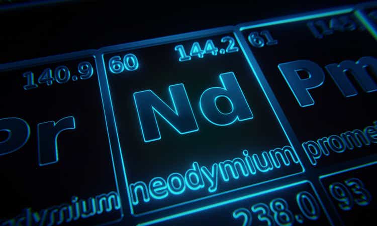 Focus on chemical element Neodymium illuminated in periodic table of elements. 3D rendering
