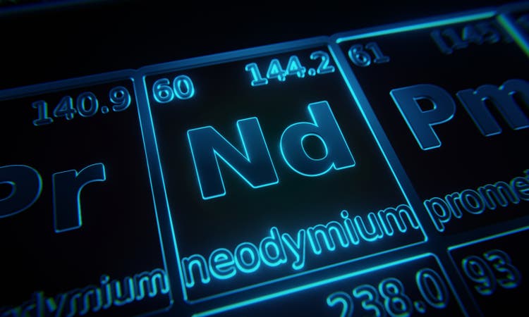 Focus on chemical element Neodymium illuminated in periodic table of elements. 3D rendering