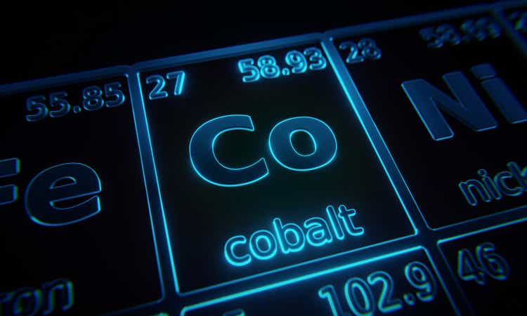Focus on chemical element Cobalt illuminated in periodic table of elements. 3D rendering