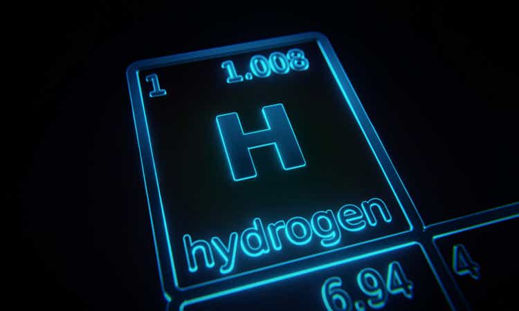 Focus on chemical element Hydrogen illuminated in periodic table of elements. 3D rendering
