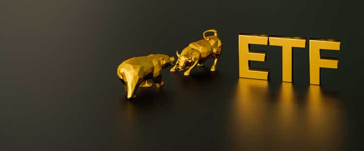 Exchange traded fund concept. A bull and bear besides the golden text ETF. Web banner format