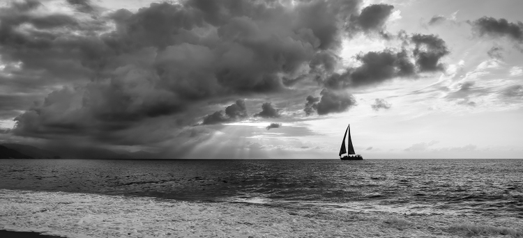 Sunset Sailboat Ocean Sun Ray Journey Banner Panorama Black And White