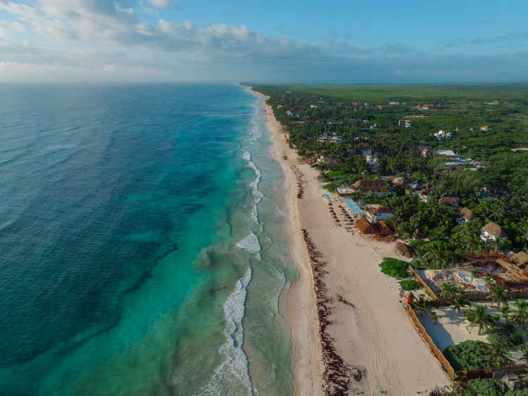 Aerial view of Tulum beach at sunset