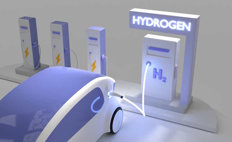 Car with hydrogen or hybrid engine on fueling station with plug in glowing cable night. Refueling service for fuel cell vehicles, eco friendly transport no emissions with energy battery, 3d render