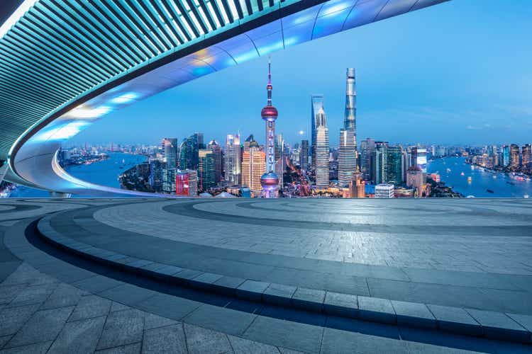 Empty floor and skyline with buildings in Shanghai