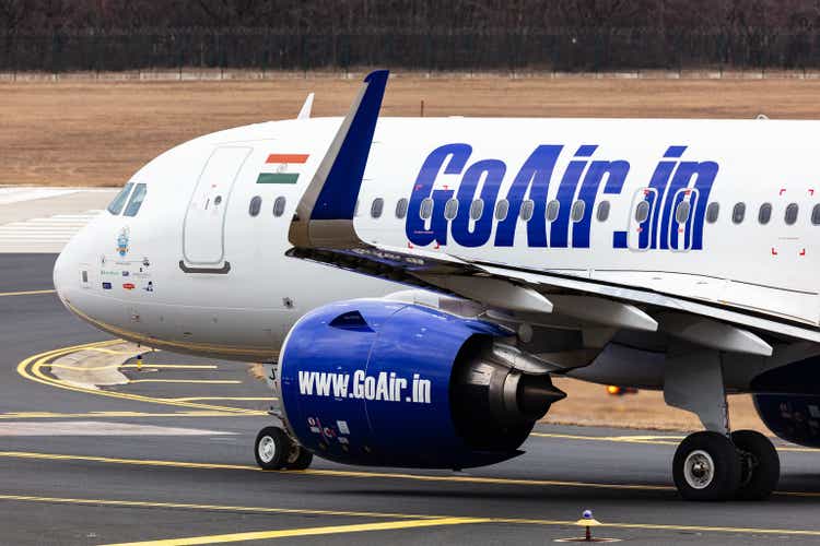 Go First GoAir Airbus A320 NEO passenger plane and aircraft at Budapest Airport. Evacuation special flight for indian citizens because the Ukraine-Russian war.