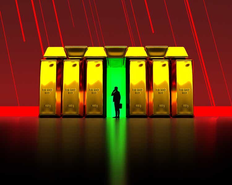 Gold Asset financial security concept illustration, market volatility, a businessman safe in financial market crisis inside a safe haven made of physical gold bars, 3D illustration, 3D rendering