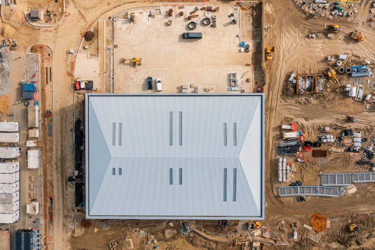 Drone view of commercial property under construction