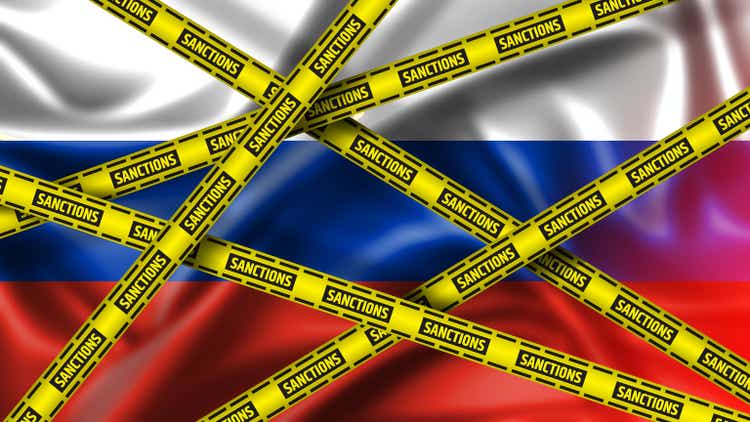 Russia Sanctions Concept. Yellow Tape with Sanctions Sign Against of Russia.