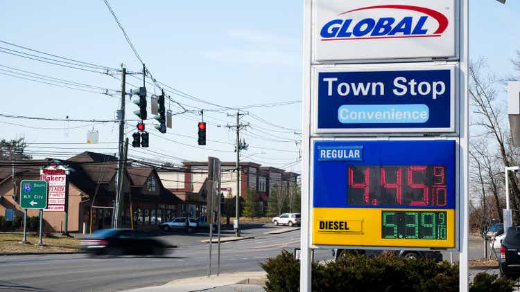Global gas station price sign near Post road and I -95 view in nice sunny day with blue sky