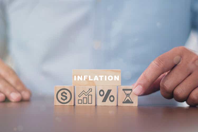 INFLATION word on block stacking as step stair with sign percent and arrow up symbol. Interest rate financial and mortgage rates concept