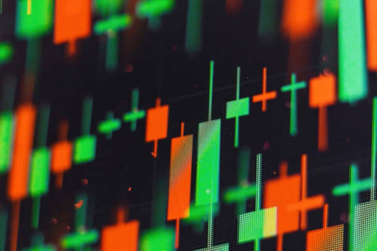 Candlestick graphs showing changes in stock market