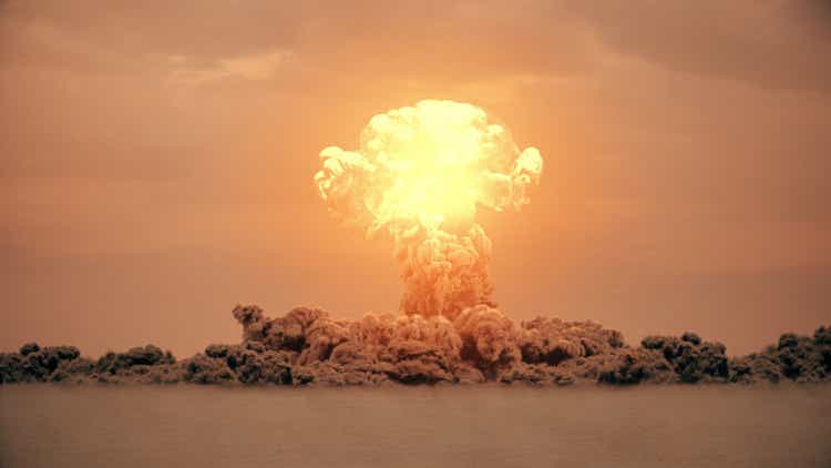 3d rendering of massive nuke bomb test explosion with film look