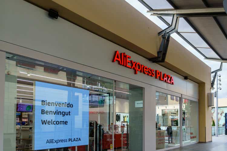 Logo and façade of ALIEXPRESS PLAZA, in Barcelona, Spain, physical store of the Chinese store.