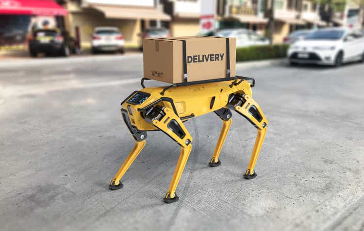 A robot dog is on the way to deliver goods