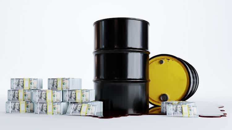 3d render of Barrels of oil, black oil barrels with pack of dollars.