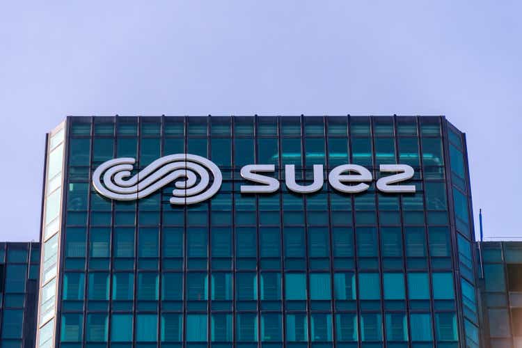 Exterior view of the headquarters of Suez, a French water and waste management group, in the Paris-La Defense
