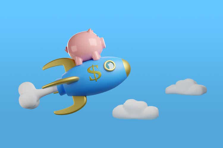 Piggy bank on spaceship with dollar sign. 3d illustration.