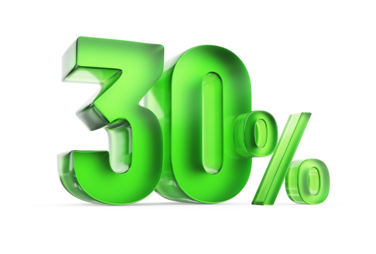 30 percent off discount. Thirty percent symbol on white background