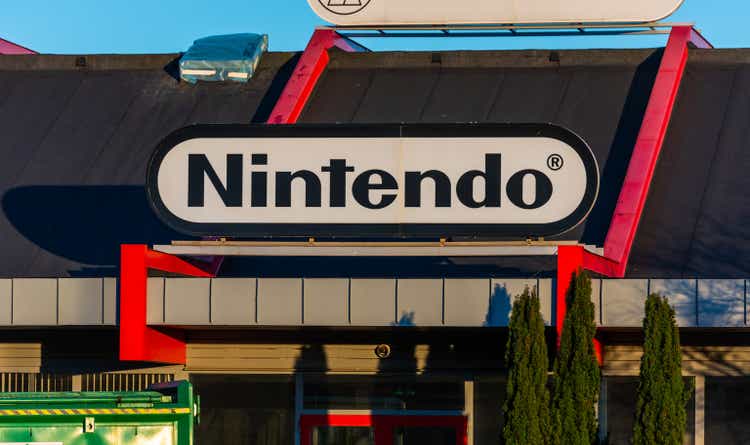 Nintendo logo on top of a building entrance..