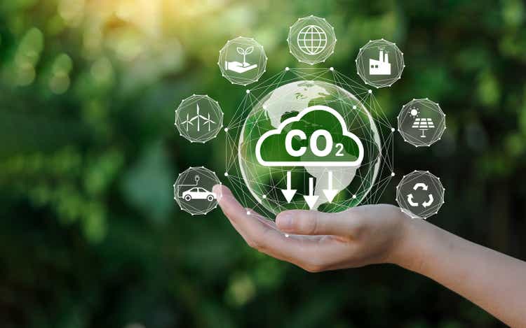 Reduce CO2 emission concept in the hand for environmental, global warming, Sustainable development and green business based on renewable energy.