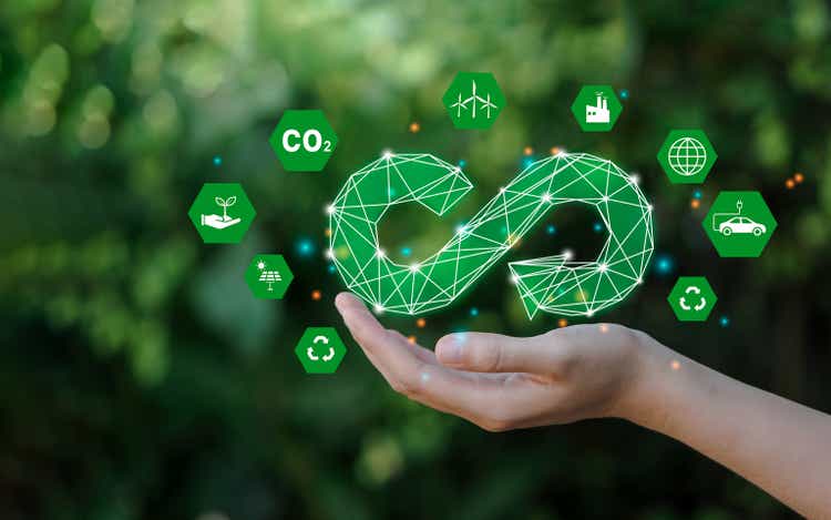 hand hold the circular economy icon. The concept of eternity, endless and unlimited, circular economy for future growth of business and environment sustainable