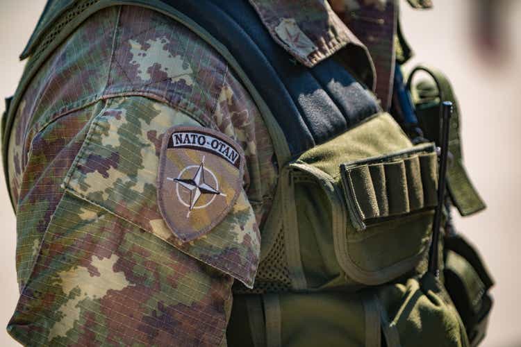 Italian NATO soldier attending at an italian military public event. Detail of uniform.