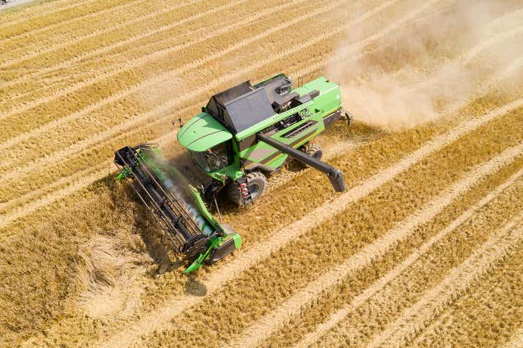 Combine Harvester in Field from Above, Food Crisis
