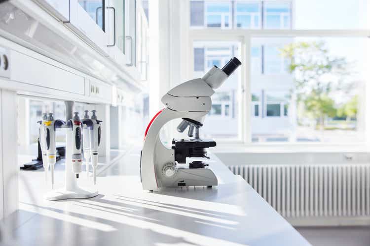 Microscope in empty science laboratory