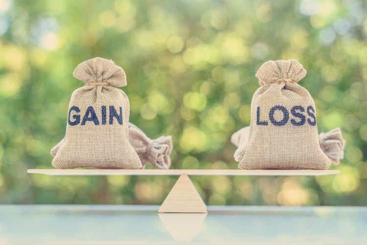 Capital investment gain and loss, financial concept : Gain and loss bags on a basic balance scale.