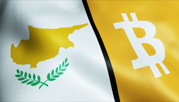 3D waving Cyprus and Bitcoin flag