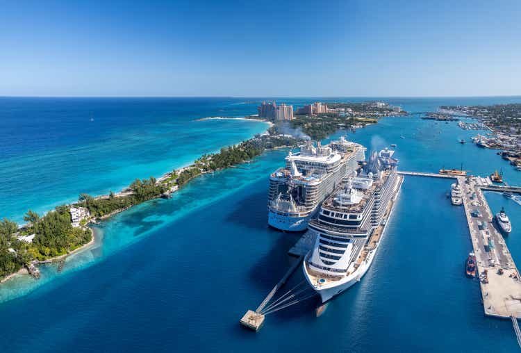 The drone aerial view of Paradise Island and Nassau port, Bahamas.