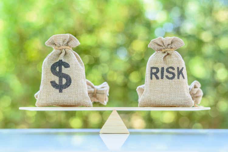 Risk Assessment/Risk Analysis and Management Concepts: Dollars and Risk Bags on a Basic Balance Scale.