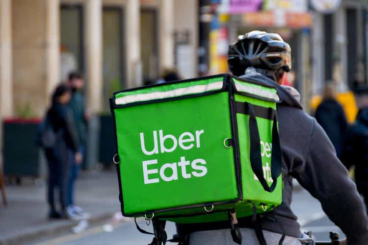 Cycle courier for Uber Eats delivering take-away meals