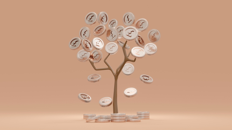 3d Rendering concept of financial growth. Money tree with coins falling down on background. 3D Render. 3D illustration. Pound sterling.