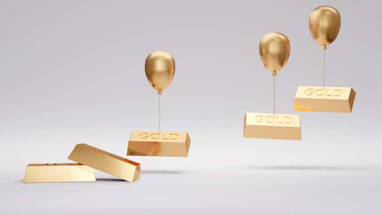 3d Rendering concept of gold price. gold bars are taking up by balloons. 3D Render. 3D illustration. Minimal design template.