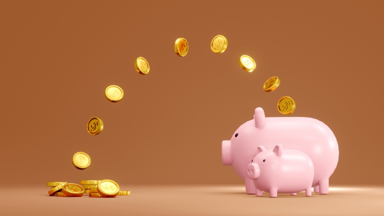 3D Rendering concept of investment. Big and small piggy banks with coins on background for commercial design. 3D Render.