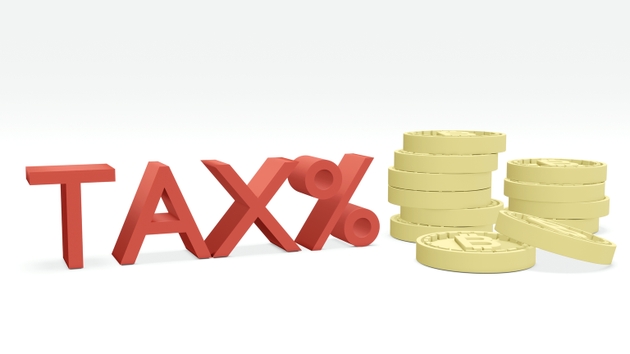 3d Rendering concept of cryptocurrency tax: a house, stack of ""coins as referring to cryptocurrency and bitcoin with text "TAX%" on background. 3D render. 3d illustration.