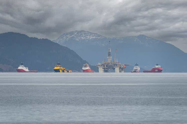 Rig move of Equinor oil platform Njord Alpha with ahts vessels, Siem Pearl, Siem Opal, Skandi Vega, Magne Viking and Normand Prosper.