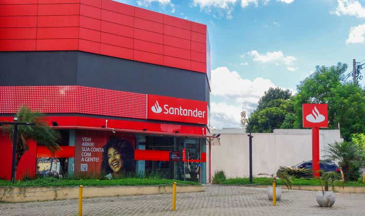 Sao Paulo, Brazil: Front view of Santander bank agency