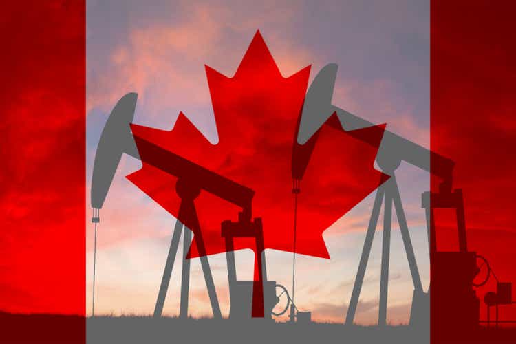 Canada oil industry concept, industrial illustration. Canada flag and oil wells, stock market, exchange economy and trade, oil production