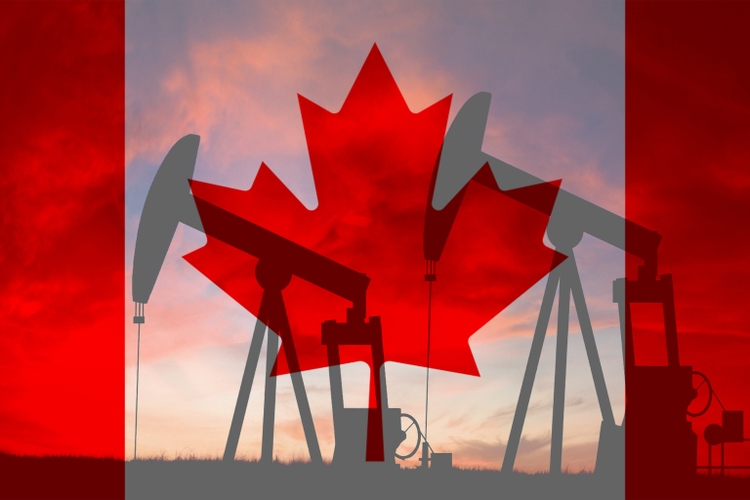 Canada oil industry concept, industrial illustration. Canada flag and oil wells, stock market, exchange economy and trade, oil production