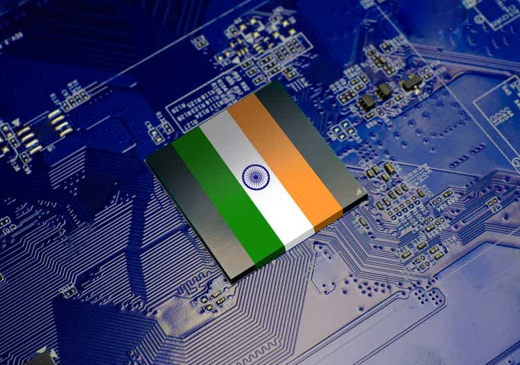 Flag of India on CPU operating chipset computer electronic circuit board, Republic of India technology or hardware development related conceptual