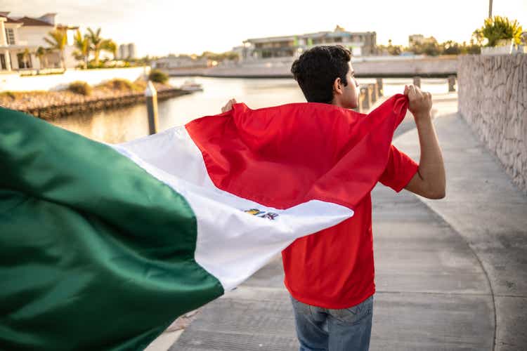 Teenage Latin boy holding the Mexican flag outdoors