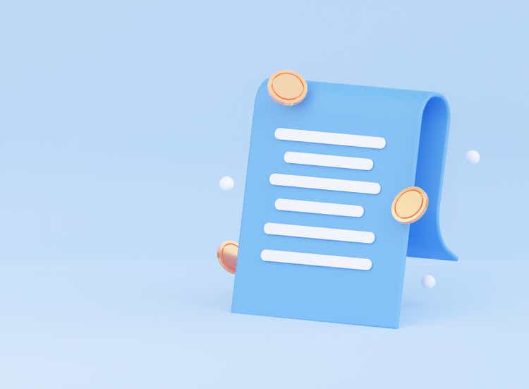 Contract or receipt on a blue background with flying coins. 3d rendering
