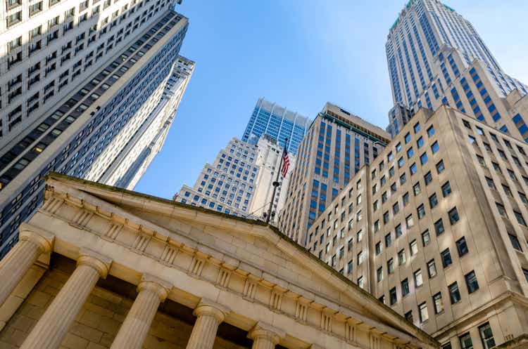 Skyscrapers in Financial District Manhattan, New York Stock Exchange, Low angle View