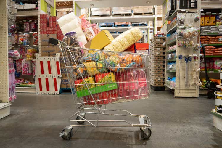 Trolley filled with groceries in wholesale store Landscape