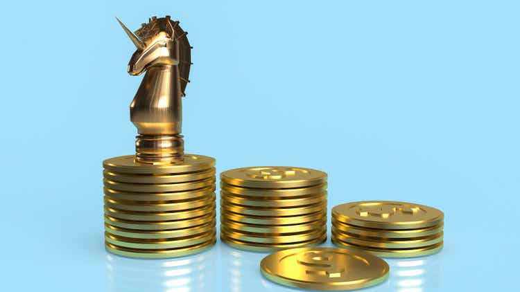 The unicorn and gold coins for start up or business concept 3d rendering