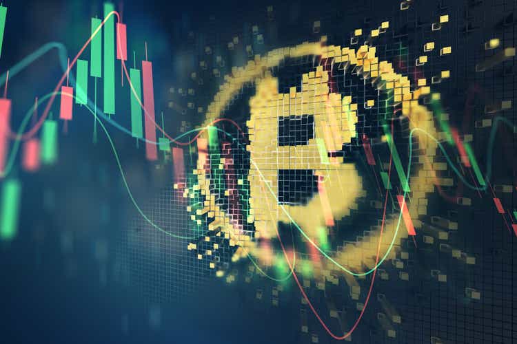 bitcoin cryptocurrency value price fall drop. Stock market trading graph business with red arrow concept banner background 3d illustration