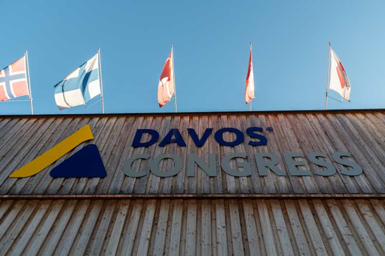 Waving flags at the congress center in Davos in Switzerland